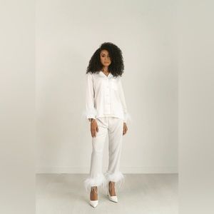 Chic White Feather-Trimmed Pajama Set